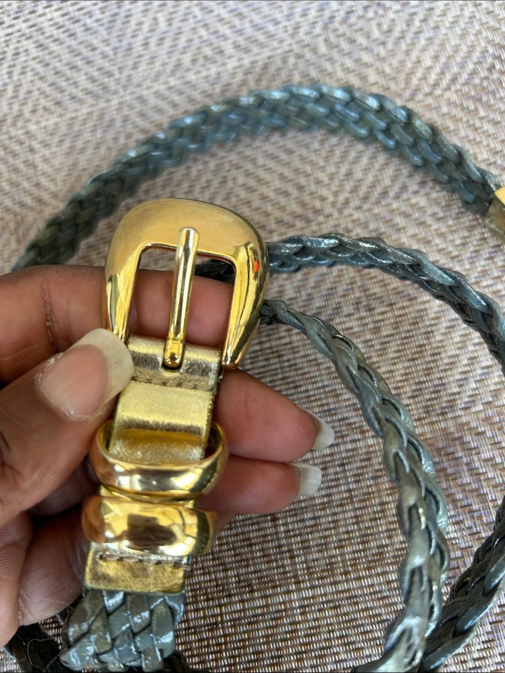 Woven gray shiny women’s Belt with Gold Buckle. Size M/L